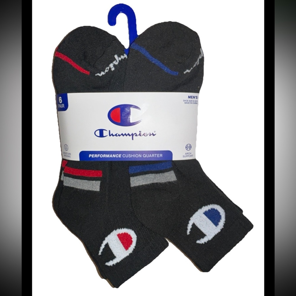 Champion Ankle Socks 6 Pair Men's 6-12.5 Black w/ White Logo Cushioned NEW! $25